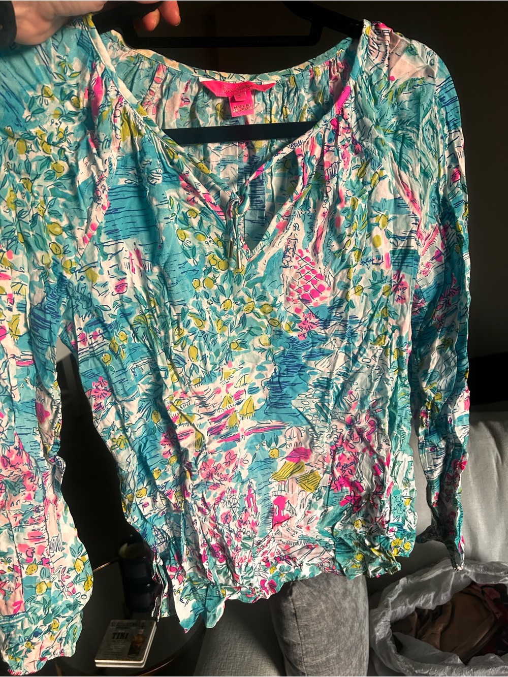Lilly Pulitzer Aqua Floral Peasant Blouse with Pink Accents